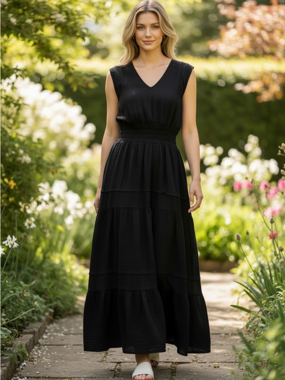 Maisie Black Smocked Waist Maxi Dress/Beach Cover Up- Size S